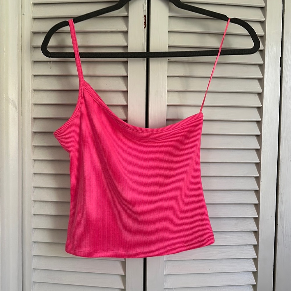 Ribbed neon pink one shoulder crop top